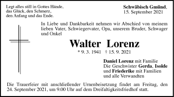 Traueranzeige von Walter Lorenz von Gmünder Tagespost