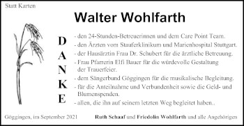 Traueranzeige von Walter Wohlfarth von Gmünder Tagespost