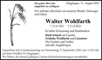 Traueranzeige von Walter Wohlfarth von Gmünder Tagespost