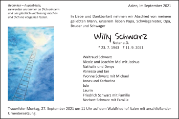 Traueranzeige von Willy Schwarz von Schwäbische Post