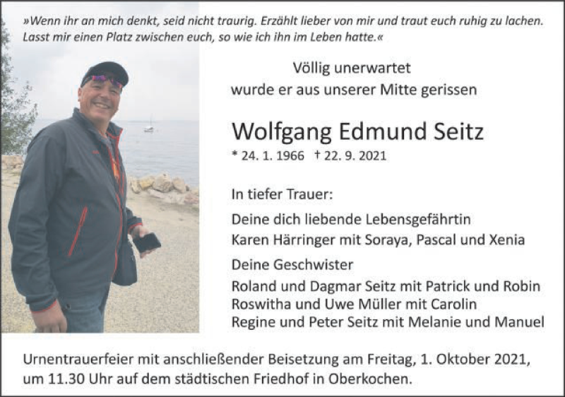  Traueranzeige für Wolfgang Edmund Seitz vom 27.09.2021 aus Schwäbische Post