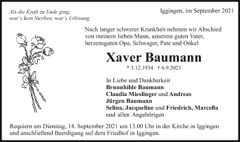 Traueranzeige von Xaver Baumann von Gmünder Tagespost