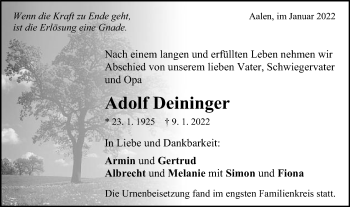 Traueranzeige von Adolf Deininger von Schwäbische Post