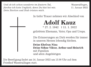 Traueranzeige von Adolf Kauz von Schwäbische Post
