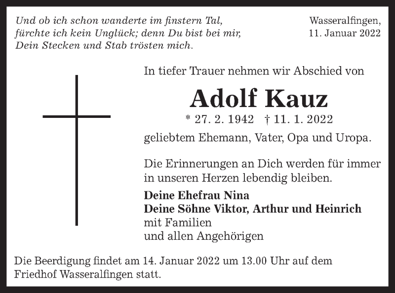  Traueranzeige für Adolf Kauz vom 13.01.2022 aus Schwäbische Post