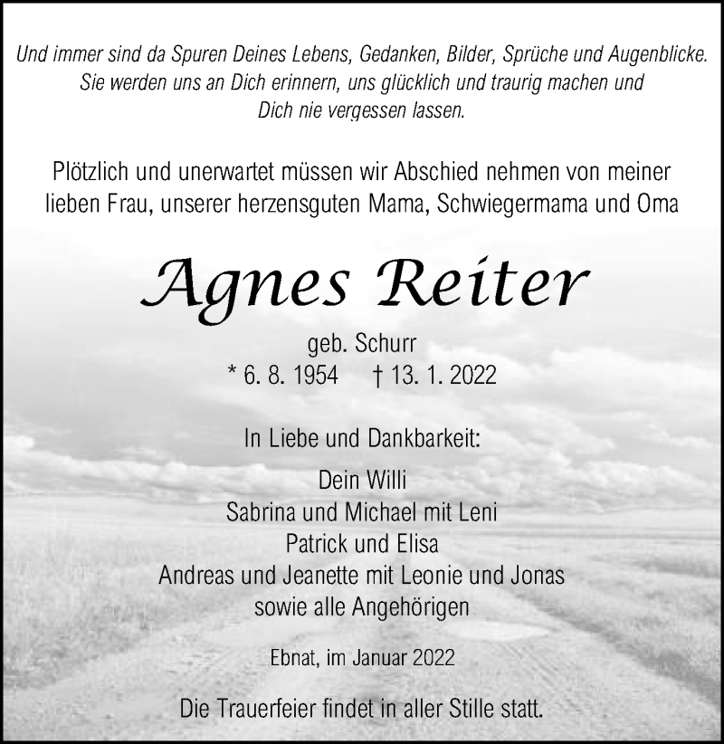  Traueranzeige für Agnes Reiter vom 19.01.2022 aus Schwäbische Post