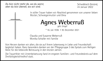 Traueranzeige von Agnes Weberruß von Gmünder Tagespost