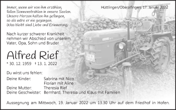 Traueranzeige von Alfred Rief von Schwäbische Post