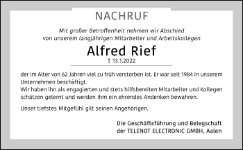 Traueranzeige von Alfred Rief von Schwäbische Post