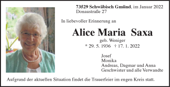 Traueranzeige von Alice Maria Saxa von Gmünder Tagespost