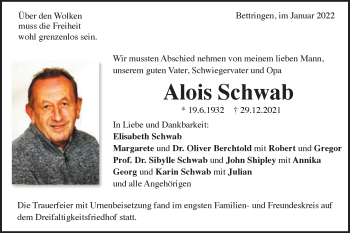 Traueranzeige von Alois Schwab von Gmünder Tagespost