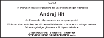 Traueranzeige von Andrej Hit von Schwäbische Post