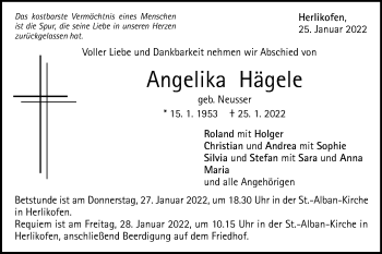 Traueranzeige von Angelika Hägele von Gmünder Tagespost