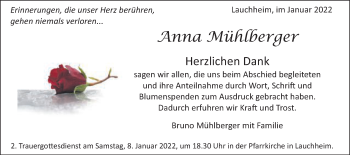 Traueranzeige von Anna Mühlberger von Schwäbische Post