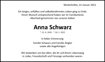 Traueranzeige von Anna Schwarz von Schwäbische Post