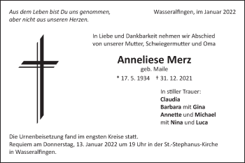 Traueranzeige von Anneliese Merz von Schwäbische Post