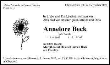 Traueranzeige von Annelore Beck von Schwäbische Post