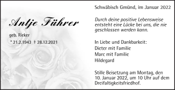 Traueranzeige von Antje Führer von Gmünder Tagespost