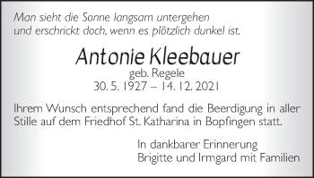 Traueranzeige von Antonie Kleebauer von Bopfinger Stadtanzeiger