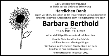 Traueranzeige von Barbara Berthold von Schwäbische Post