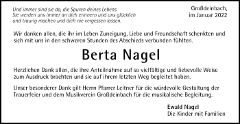 Traueranzeige von Berta Nagel von Gmünder Tagespost