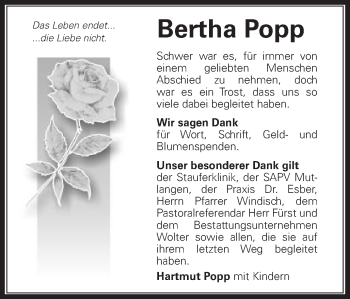 Traueranzeige von Bertha Popp von Schwäbische Post