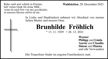 Traueranzeige von Brunhilde Fröhlich von Gmünder Tagespost