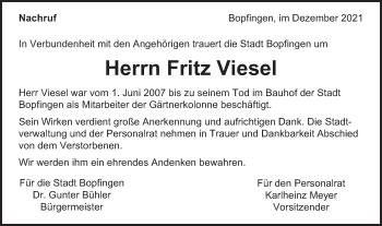 Traueranzeige von Fritz Viesel von SCHWÄBISCHE POST