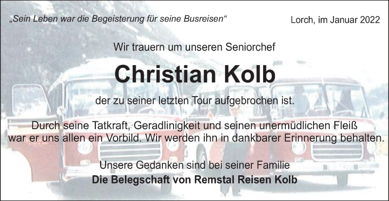  Traueranzeige für Christian Kolb vom 14.01.2022 aus Gmünder Tagespost