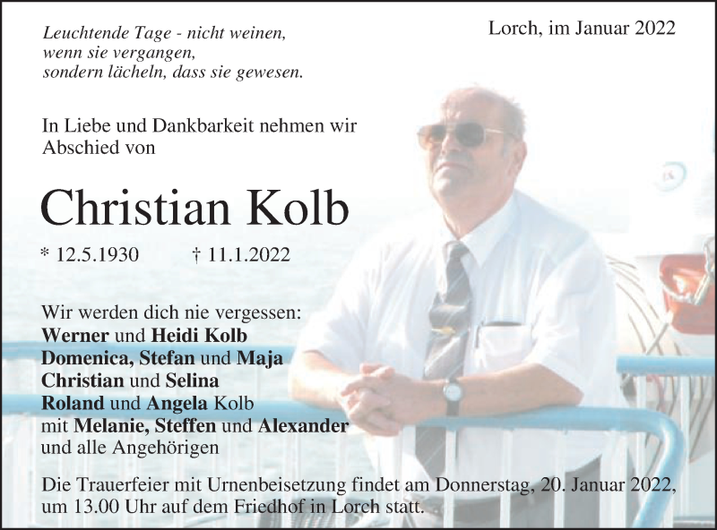  Traueranzeige für Christian Kolb vom 14.01.2022 aus Gmünder Tagespost