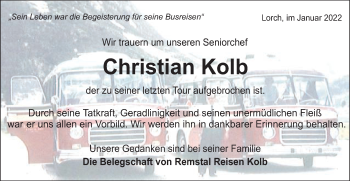 Traueranzeige von Christian Kolb von Gmünder Tagespost