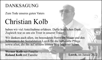 Traueranzeige von Christian Kolb von Gmünder Tagespost