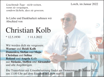 Traueranzeige von Christian Kolb von Gmünder Tagespost