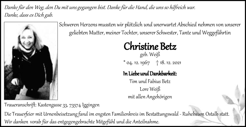  Traueranzeige für Christine Betz vom 26.01.2022 aus Schwäbische Post