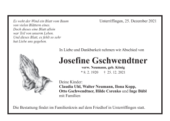Traueranzeige von Josefine Gschwendtner von Schwäbische Post