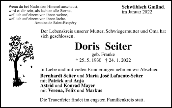 Traueranzeige von Doris Seiter von Gmünder Tagespost