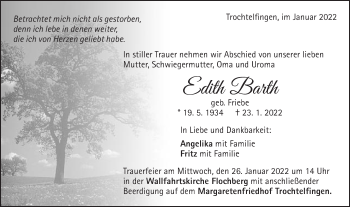 Traueranzeige von Edith Barth von Schwäbische Post