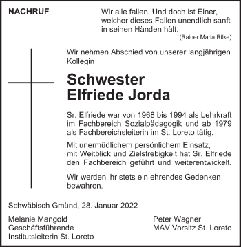Traueranzeige von Elfriede Jorda von Gmünder Tagespost