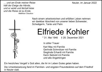 Traueranzeige von Elfriede Kohler von Schwäbische Post