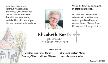 Traueranzeige von Elisabeth Barth von Gmünder Tagespost