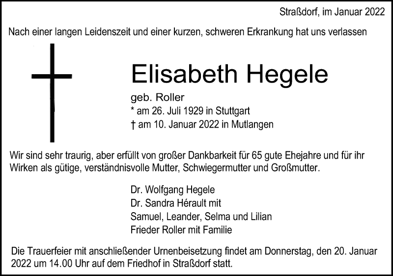  Traueranzeige für Elisabeth Hegele vom 15.01.2022 aus Gmünder Tagespost
