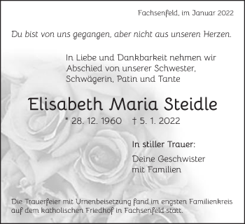 Traueranzeige von Elisabeth Maria Steidle von Schwäbische Post