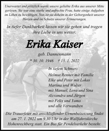 Traueranzeige von Erika Kaiser von Gmünder Tagespost