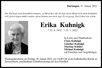 Traueranzeige von Erika Kuhnigk von Gmünder Tagespost