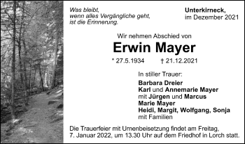 Traueranzeige von Erwin Mayer  von Gmünder Tagespost