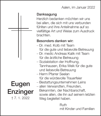 Traueranzeige von Eugen Enzinger von Schwäbische Post