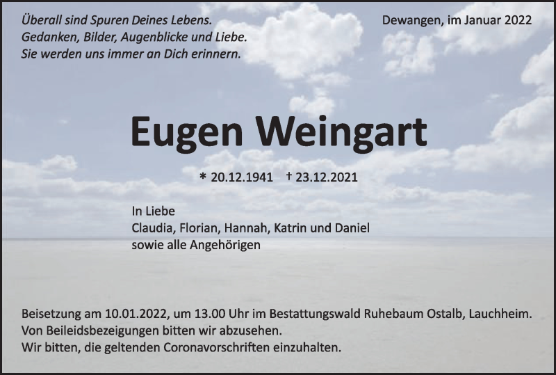  Traueranzeige für Eugen Weingart  vom 08.01.2022 aus Schwäbische Post