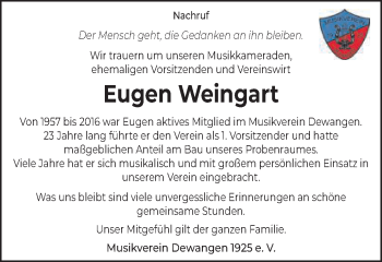 Traueranzeige von Eugen Weingart von Schwäbische Post