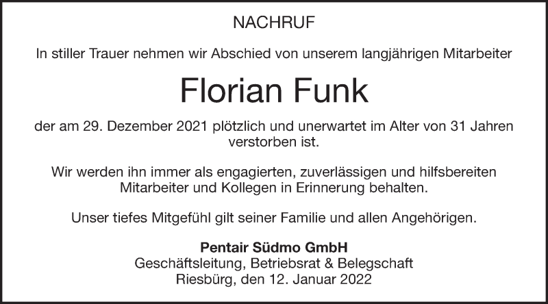 Traueranzeige für Florian Funk vom 12.01.2022 aus Schwäbische Post