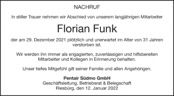 Traueranzeige von Florian Funk von Schwäbische Post